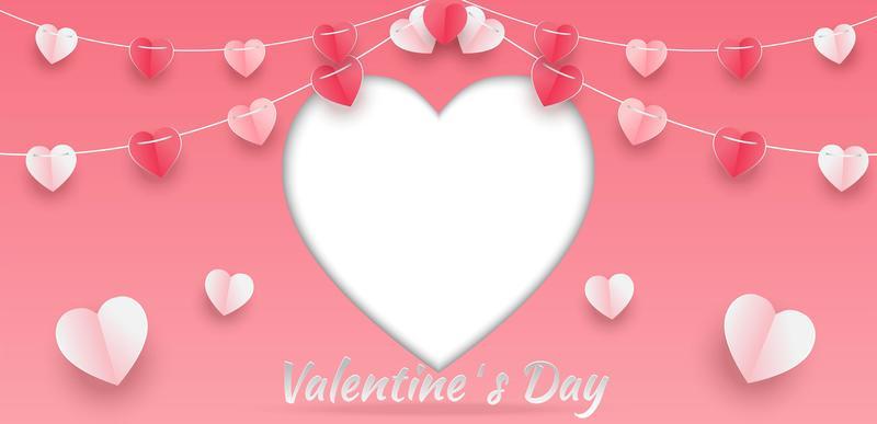 Valentine's day concept background. Vector illustration. 3d red and pink paper hearts with white square frame. Cute love sale banner or greeting card