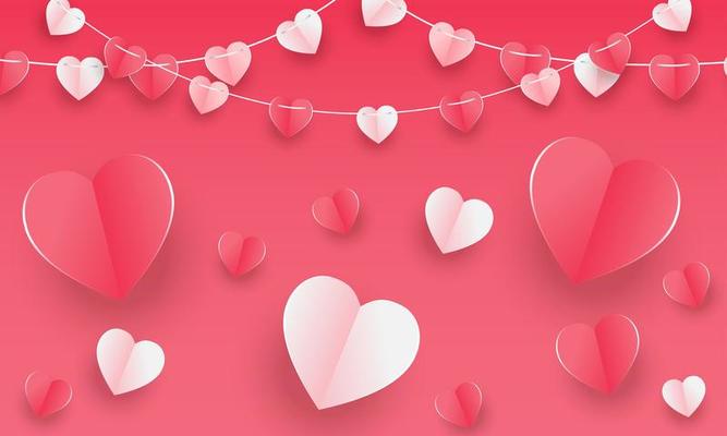 Valentine's day concept background. Vector illustration. 3d red and pink paper hearts with white square frame. Cute love sale banner or greeting card