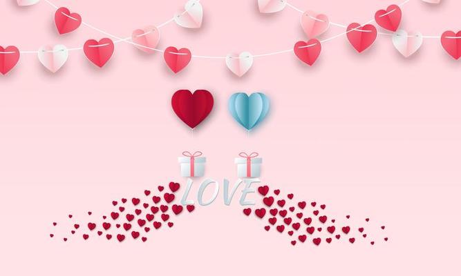 Valentine's day concept background. Vector illustration. 3d red and pink paper hearts with white square frame. Cute love sale banner or greeting card