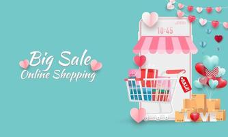 Happy Valentine's day  Sale banner or Promotion on blue background. Online shopping store with mobile , credit cards and shop elements. Vector illustration.