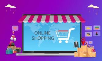 Online shopping,concept desktop, with credit cards and on blue backgrounds , vector