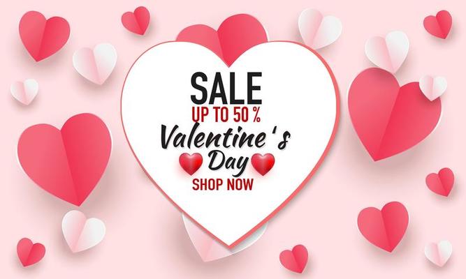 Valentine's day concept background. Vector illustration. 3d red and pink paper hearts with white square frame. Cute love sale banner or greeting card