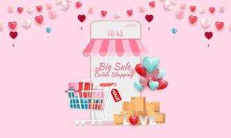 banner de venta de feliz día de san valentín o promoción sobre fondo azul. tienda de compras en línea con dispositivos móviles, tarjetas de crédito y elementos de tienda. ilustración vectorial vector