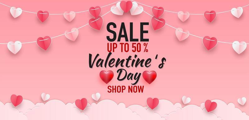 Valentine's day concept background. Vector illustration. 3d red and pink paper hearts with white square frame. Cute love sale banner or greeting card