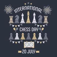 International chess day is celebrated annually on July 20, chess pieces Board and clock. Postcard.