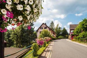 pueblo floreciente en alsacia. decoración de farolas con macetas de flores y plantas. foto