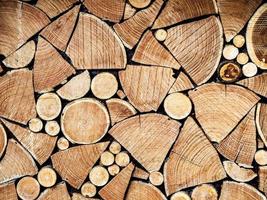 A repeating rhythmic background made from pieces of sawn wood. Background for design. photo