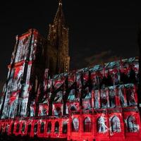 Laser lighting show on the walls of Cathedral Notre Dame de Strasbourg photo