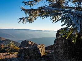 White snow and blue sky. Panoramic view of the silhouettes of the mountains. photo