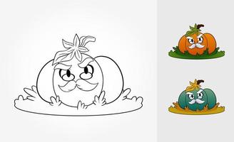 Vector coloring page with serious grandpa pumpkin with glasses standing on grass. Coloring scheme examples