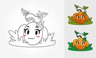 Vector coloring page with funny pumpkin standing on grass. Coloring scheme examples