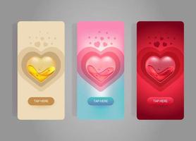 Vertical valentines day banners. Transparent hearts with liquid inside. Web template design set. Colorful flyer set vector