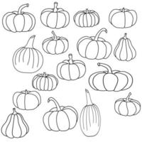 conjunto de calabazas de varias formas, cosecha de vegetales de garabatos, página para colorear sobre el tema del otoño vector