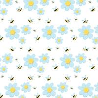 Hand-drawn seamless pattern with flowers and bees. Delicate pattern with daisies. vector