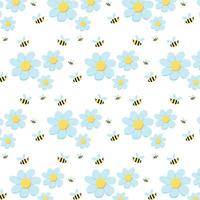 Hand-drawn seamless pattern with flowers and bees. Delicate pattern with daisies. vector