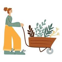 Vector illustration of girl with garden wheelbarrow. A woman is driving wheelbarrow with plants. Gardening concept.