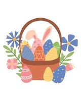 Illustration of a basket easter eggs. Vector illustration. Cute illustration of a basket with decorated eggs.