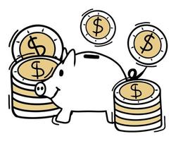 Hand-drawn piggy bank with gold coins. Money accumulation concept. vector