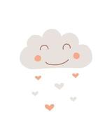 Vector illustration of cute cloud in boho style. Cute hand drawn boho cloud with hearts instead of rain. Boho-style childrens room decoration.