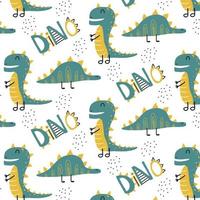 Childish pattern with green dinosaur and rainbow. Dino pattern in green-yellow colors. Suitable for fabrics, wrapping paper, prints.