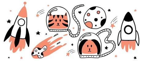 conjunto de elementos espaciales dibujados a mano para niños. perro y gato astronauta. conjunto para la guardería.