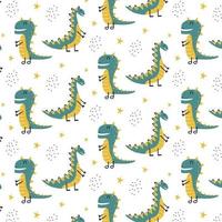 Childish pattern with green dinosaur and stars. Dino pattern in green-yellow colors. Suitable for fabrics, wrapping paper, prints. vector