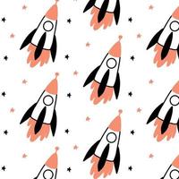 Childish hand-drawn  pattern with rocket and stars. Children's space pattern. vector