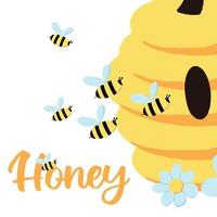 Hand-drawn poster with hive and bees. Poster or postcard for a honey store. Honey concept. vector