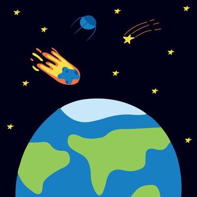 Hand drawn cosmic poster with planet and comet. Space concept. The illustration is suitable for postcards, posters, prints.