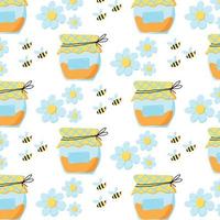 Hand-drawn seamless pattern with honey jar, flowers and bees. Cute bright pattern with honey. vector