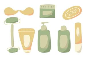conjunto dibujado a mano para spa en casa. un set de crema, shampoo, jabón y más para spa en casa. botiquín de higiene. vector
