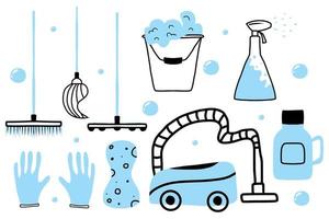 Hand-drawn set of equipment for cleaning the house. Signet, bucket, mop, vacuum cleaner for cleaning. vector