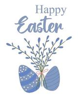 Easter card with eggs and willow. Vector cute postcard Happy Easter in gentle color.