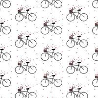 patrón vectorial con una bicicleta y una canasta de corazones. patrón lindo para el día de san valentín. estilo garabato. patrón minimalista. vector