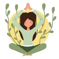 The woman is sitting in the lotus position. I do yoga. Young woman in yoga pose doing meditation, mindfulness practice, spiritual discipline at home. vector
