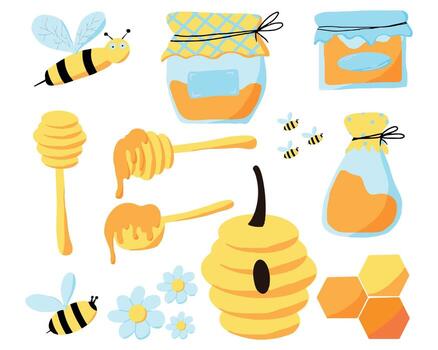arroz vectorial con miel. juego con tarros de miel, abejas, colmena y más. el conjunto es adecuado para palos, pancartas, patrones. vector