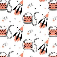 Childrens hand-drawn pattern with a cat astronaut and a rocket. Childrens space pattern. vector