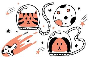 Vector childrens space set. Hand-drawn set of cat and dog astronaut in space.