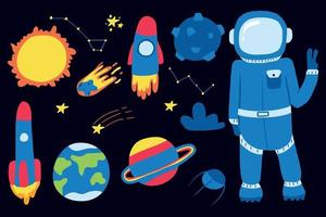 Vector hand-drawn set of space objects. Set of planets, rockets, constellations.