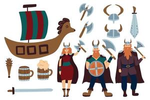 Vector set of vikings. Scandinavian mythological characters. Viking objects set.