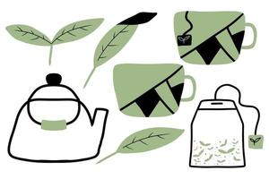 juego de té dibujado a mano vectorial. conjunto de iconos de té. vector