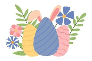 Vector illustration of Easter eggs and flowers. Rabbit ears stick out from behind Easter eggs. Postcard for Easter.