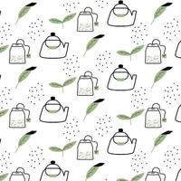 Hand-drawnpattern with tea leaves and teapot Suitable for prints, posters, paper. vector