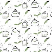 Hand-drawnpattern with tea leaves and teapot Suitable for prints, posters, paper. vector