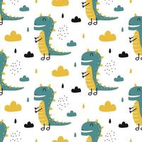 Childish pattern with green dinosaur and rainbow. Dino pattern in green-yellow colors. Suitable for fabrics, wrapping paper, prints. vector