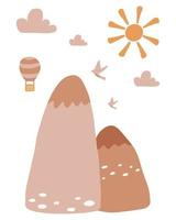 Vector illustration of a landscape with mountains.Poster with mountains and a balloon for the nursery. Boho style.