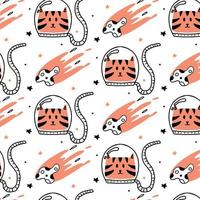 Childish hand-drawn seamless pattern with cat astronaut and comet. Childrens space pattern. vector