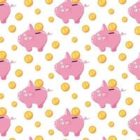Hand-drawn pattern with piggy bank and coins. Pattern with cute pig piggy bank. vector