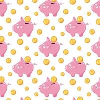 Hand-drawn pattern with piggy bank and coins. Pattern with cute pig piggy bank. vector