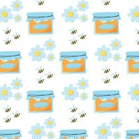 Hand-drawn seamless pattern with honey jar, flowers and bees. Cute bright pattern with honey. vector